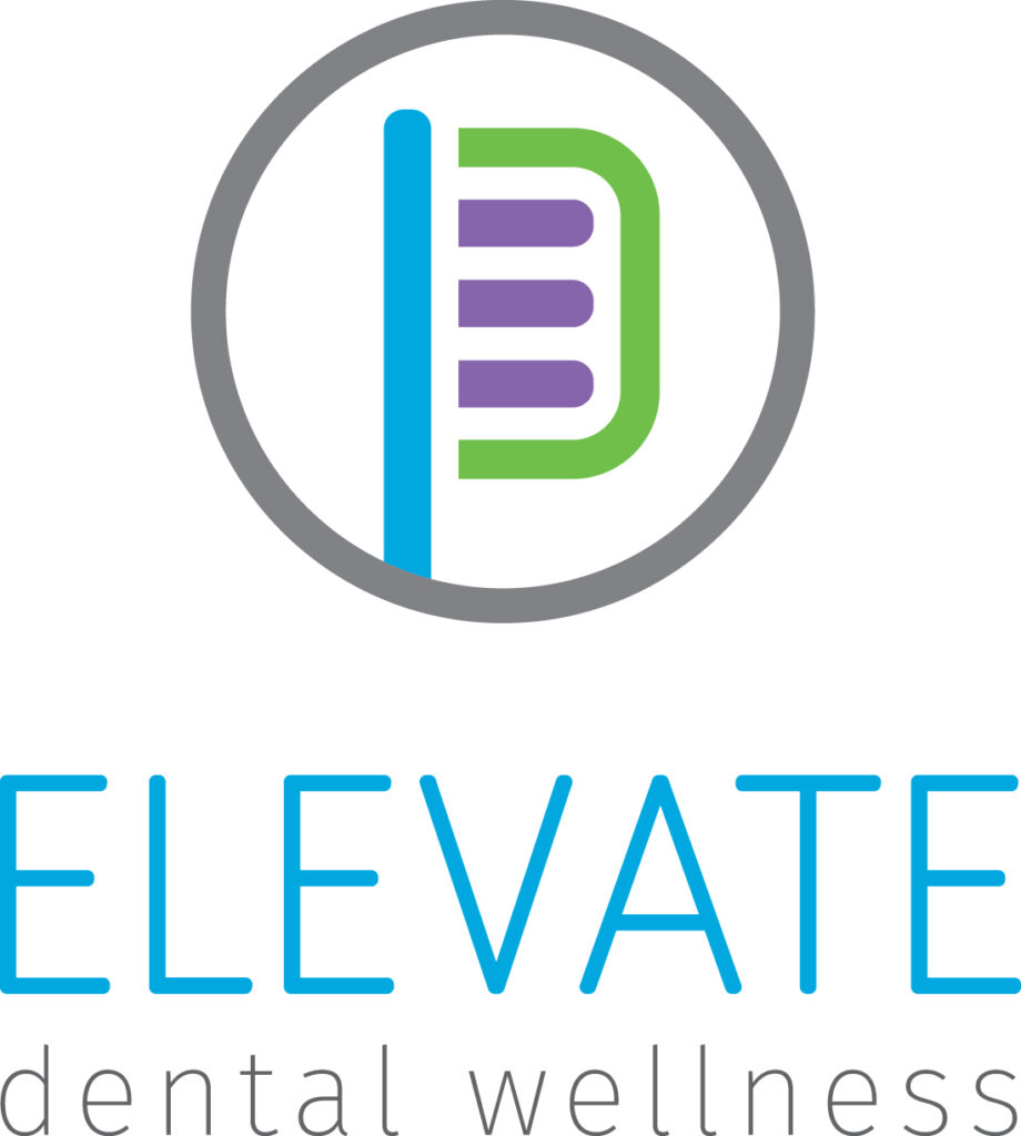 A logo for "Elevate Dental Wellness" featuring a stylized letter "D" inside a circular design, formed by a green outline, three purple horizontal bars, and a blue vertical line. Below the logo, "ELEVATE" is written in blue capital letters, and "dental wellness" appears in gray lowercase letters, representing the brand's identity.